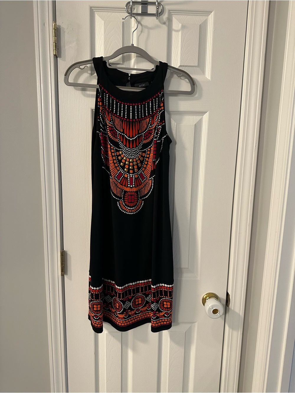 Apt. 9 Black Mini Dress with Red-Orange & White Beaded Pattern
